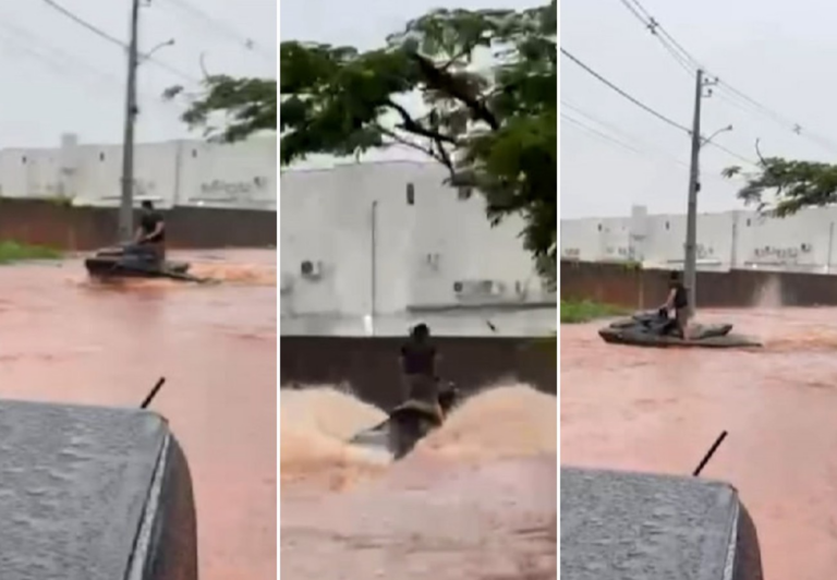 morador-usa-moto-aquatica-em-rua-apos-chuva-causar-alagamentos-em-araguaina;-video